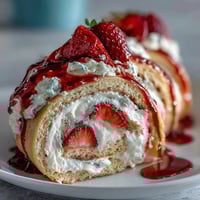 Freshly sliced Strawberry Shortcake Sushi Roll pieces show layered whipped cream and bright berries inside golden crepes.