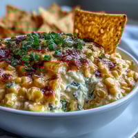 Creamy baked Crack Corn Dip with melted cheddar and jalapeños is served warm with tortilla chips for dipping.