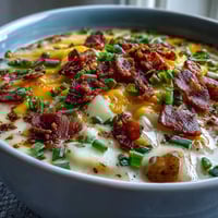Creamy Loaded Potato Soup garnished with crispy bacon crumbles, shredded cheddar, and fresh green onions in a rustic bowl.