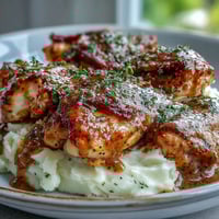Slow Cooker Honey Mustard Chicken breasts sit in a velvety, glossy sauce next to fluffy white rice on a dinner plate.