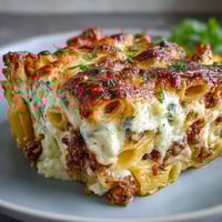 Freshly baked Cottage Cheese Protein Pasta Bake with ground beef, bubbling golden mozzarella, and rich tomato sauce in a casserole dish.