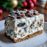 Golden squares of Christmas Cheesecake Slab topped with snowy icing sugar and a swirl of whipped cream. 