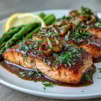 Garlic butter salmon with asparagus, roasted to perfection with lemon and herbs, served on a baking sheet.
