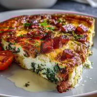 Golden one-pan ham and cheese frittata with spinach, tomatoes, and melted cheddar, baked until fluffy and golden.