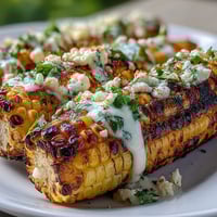 Grilled corn elote style with creamy sauce, Cotija cheese, and chili powder for a bold, smoky flavor.