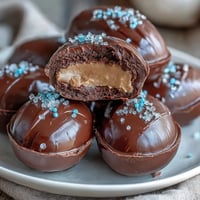 Homemade peanut butter Easter eggs with smooth filling, coated in glossy milk chocolate and festive sprinkles.