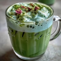 Mother's Day Iced Matcha Latte with creamy vanilla cold foam, a vibrant layered drink.
