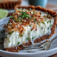 Close-up of a vibrant Coconut Lime Tart with a golden graham cracker crust.