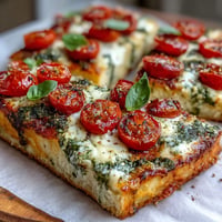 Viral Cottage Cheese Flatbread topped with vibrant pesto and juicy tomatoes.