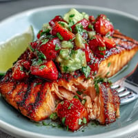 Juicy grilled salmon topped with colorful strawberry avocado salsa, a delightful summer entrée.