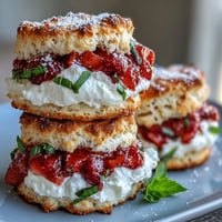 Golden Strawberry Basil Shortcake Biscuits piled high with fresh berries and fluffy cream.