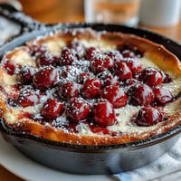 Golden baked fresh cherry clafoutis with a custardy vanilla bean center.